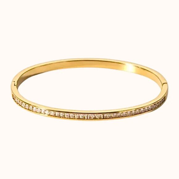 NWT 18k Gold Plated Stainless Steel Semi Eternity Cuff Hinged Lock Bangle - Picture 2 of 2